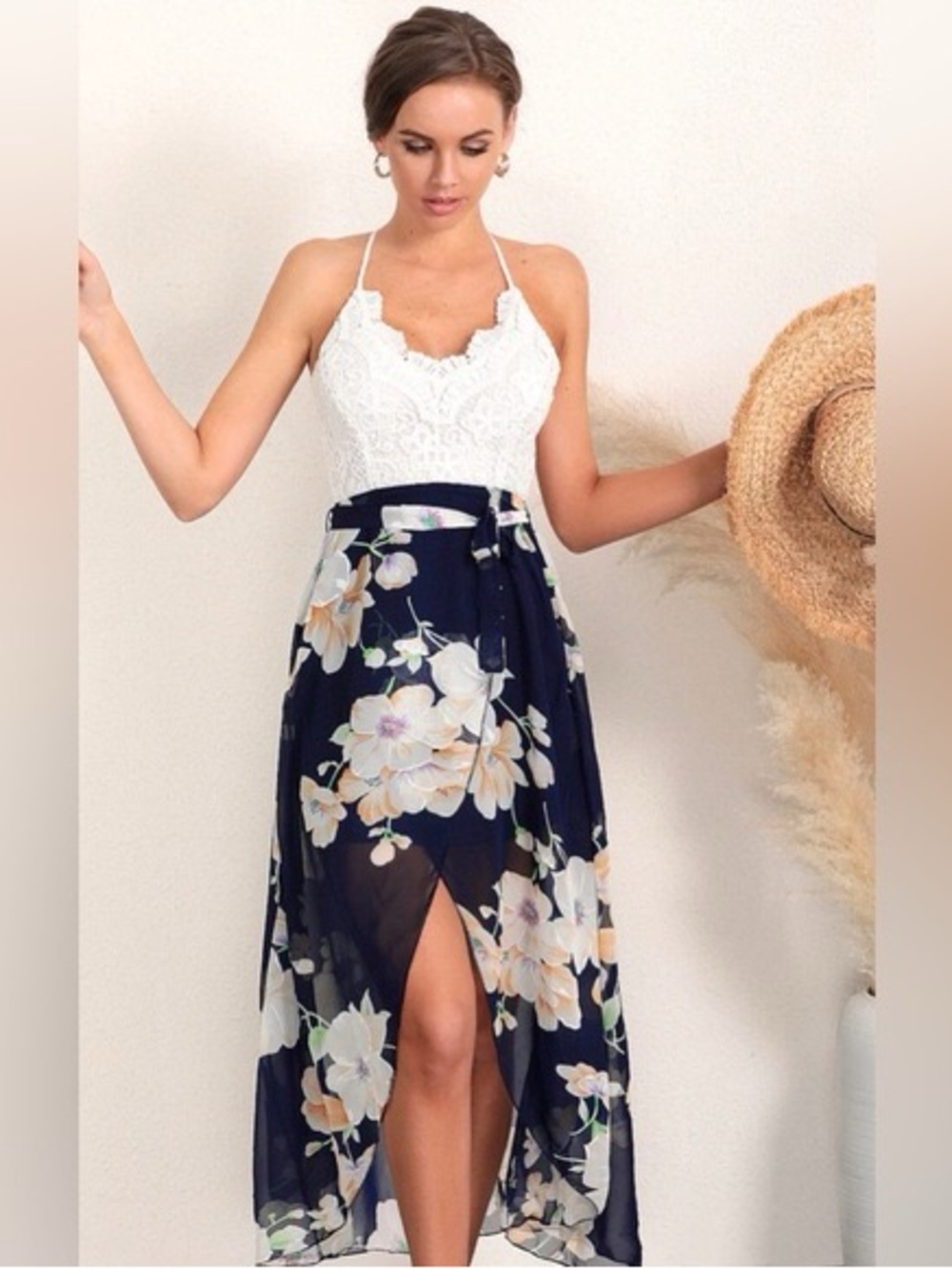 Lace Halter Floral Midi Dress - Navy